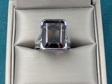 Modernist Sterling Silver Ring Emerald Cut Faceted Smokey Quartz Stone: Size 8