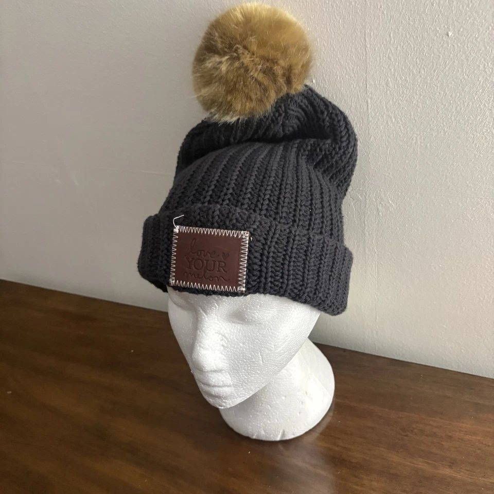 NEW Love Your Melon Womens One Size Hat White Cotton Knit Beanie Black Pom - Image 2 of 4