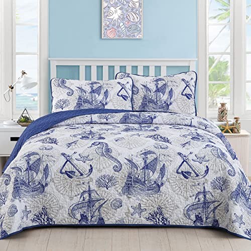 Blue Quilt Set King Nautical Beach Quilt King (90"x 104") Blue Sailing - Picture 2 of 8