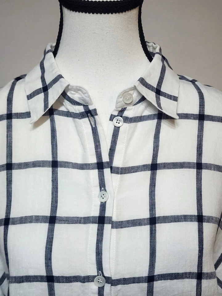 Blusa Lafayette 148 100% Lino Talla L Botón Frontal Ventana Cuadros Cuello Foto 3 de 4