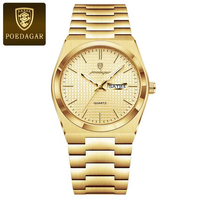   POEDAGAR Waffel-Zifferblat Uhr Gold Quartz Edelstahl Datum Wochentag Neu 
