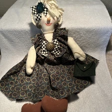 Vtg Cloth Rag Doll Handmade 14" Victorian Style Dress, Bloomers,Jewelry, Purse