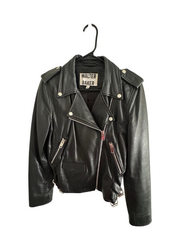 Walter Baker Women’s Black Leather Moto Biker Jacket Asym Zip Belted M