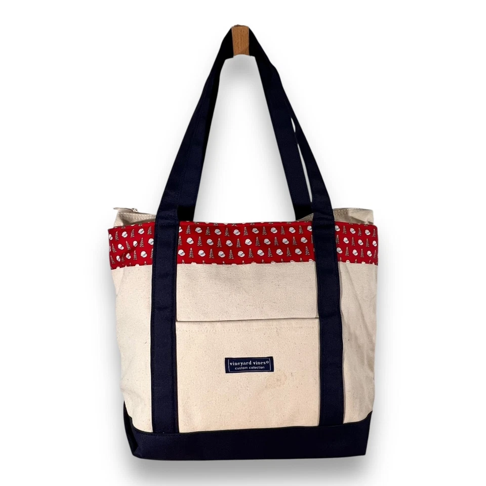 Vineyard Vines Tote Bag Canvas Coastal Blue Ivory Oil Rig Print Zip Top New - Image 3 of 4
