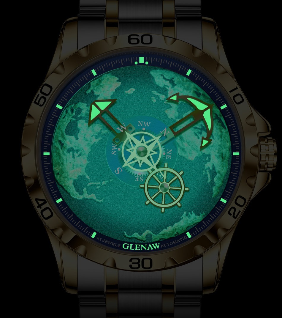 Orologio Meccanico Automatico di Lusso Glenaw Tourbillon Data Fasi Lunari Display Multifunzione Solare Cinturino in Silicone Legno/Resina
