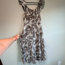 Gilli Leaf Print Tiered Midi Dress Women Large Flowy Boho Cottagecore Neutral