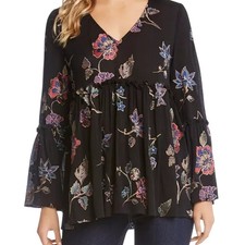 Karen Kane Embroidered Black Bell Sleeve Peplum Top Womens Sm boho classy chic