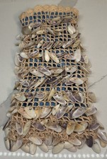 Antique Reticule Purse Bag Crocheted Lined In Blue Covered With Shells