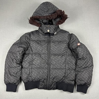 Ecko Red Jacket Womens XL Black Quilted Puffer Hooded Real Fur Bomber Coat