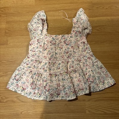 Mi Ami Francescas Pink Floral Eyelet Peplum Top Ruffle Flutter Sleeve Small