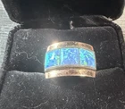 Vtg .925 Sterling Silver 8g Blue Green Fire Opal Inlay Wide Band Ring Size 6 3/4