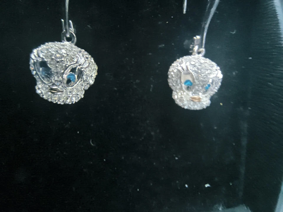 罕见 Danbury Mint 施华洛世奇水晶 Tweety 鸟银色耳环 18K 镀金  — 第 2/4 张图片