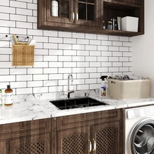 White Brick Backsplash Tile Peel and Stick Faux Marble Kitchen Backsplash Tiles