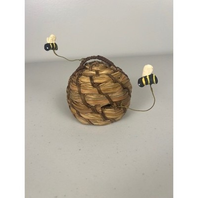 Miniature Woven Straw Bee Skep Hive with Bouncing Bumblebees Rustic Decor