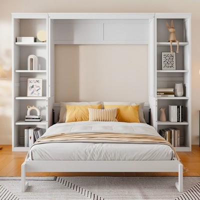 Queen Size Murphy Bed w/Desk & Bookshelf,Modern Murphy Wall Bed for Bedroom