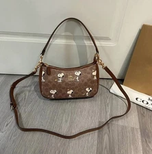 C.oach X PEANUTS Teri Shoulder Bag Tan Brown Snoopy Print Signature Canvas CBJ88