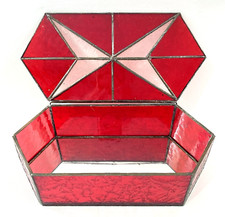 Vintage Real Stained Glass Jewelry Trinket Box Red Clear Mirror