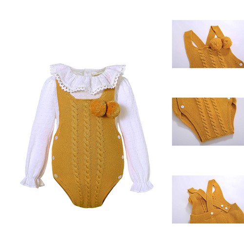Herbst Baby Mädchen Pullover Outfits weiß Shirt Oberteil gelb Strampler + Bommel 2-teilig US - Bild 1 von 10