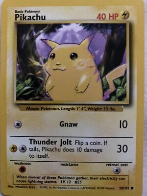 Pikachu 58/102 Base Set - Common Pokemon Card - Mint, Never Played