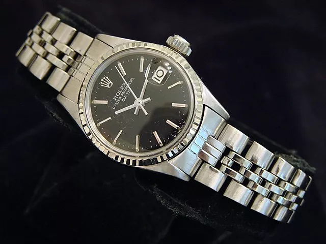 Vintage Rolex Date Ladies Stainless Steel 18K White Gold Watch Black Dial 6517
