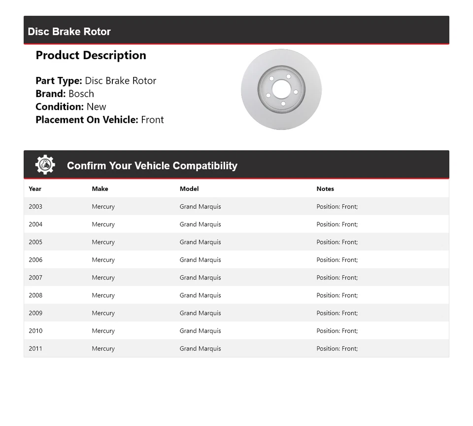 For 2003-2011 Mercury Grand Marquis Bosch QuietCast Disc Brake Rotor Front 2004 - Image 2 of 4