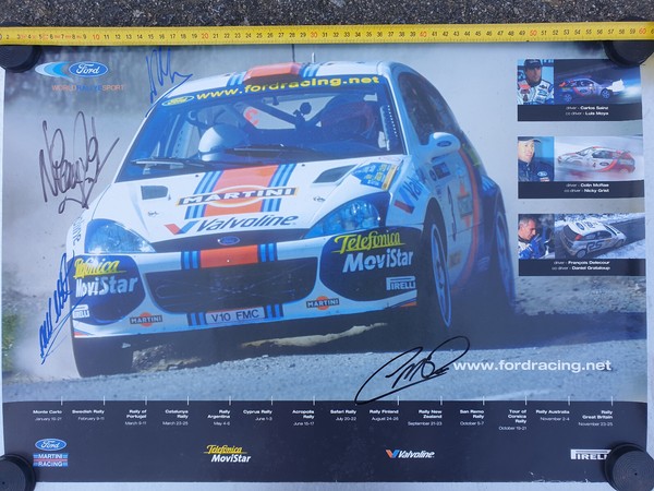 Rare poster hand signed Colin McRae Nicky Grist Martin Wilson Moya WRC Ford