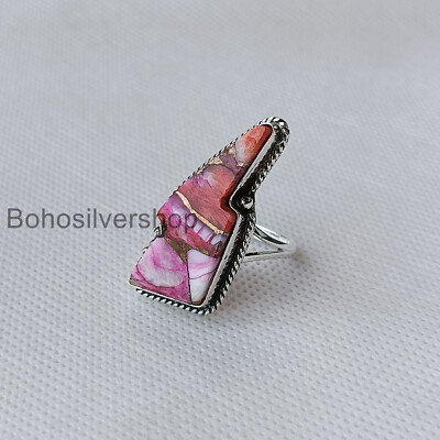 Pink Copper Turquoise Lightning Bolt 925 Silver Boho Handmade Women Rings #186