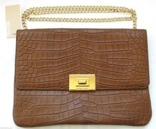 NEW-MICHAEL KORS SLOAN MOCHA/LUGGAGE CROC LEATHER+GOLD CLUTCH,CROSSBODY,HAND BAG