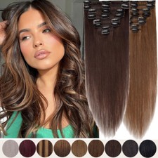 Russian Human Hair Extensions Clip In/On Real Remy Full Head Weft MIX BROWN 8PCS
