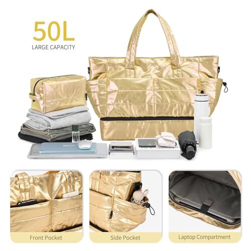 Travel Duffel Bag for Women, 50L Weekender Bag, Gym Bag with Shoes Gold - Picture 5 of 8