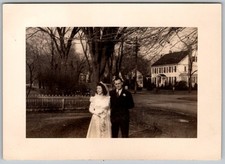 Vtg B&W Snapshot Bride Groom Outdoors Suburban 1940s