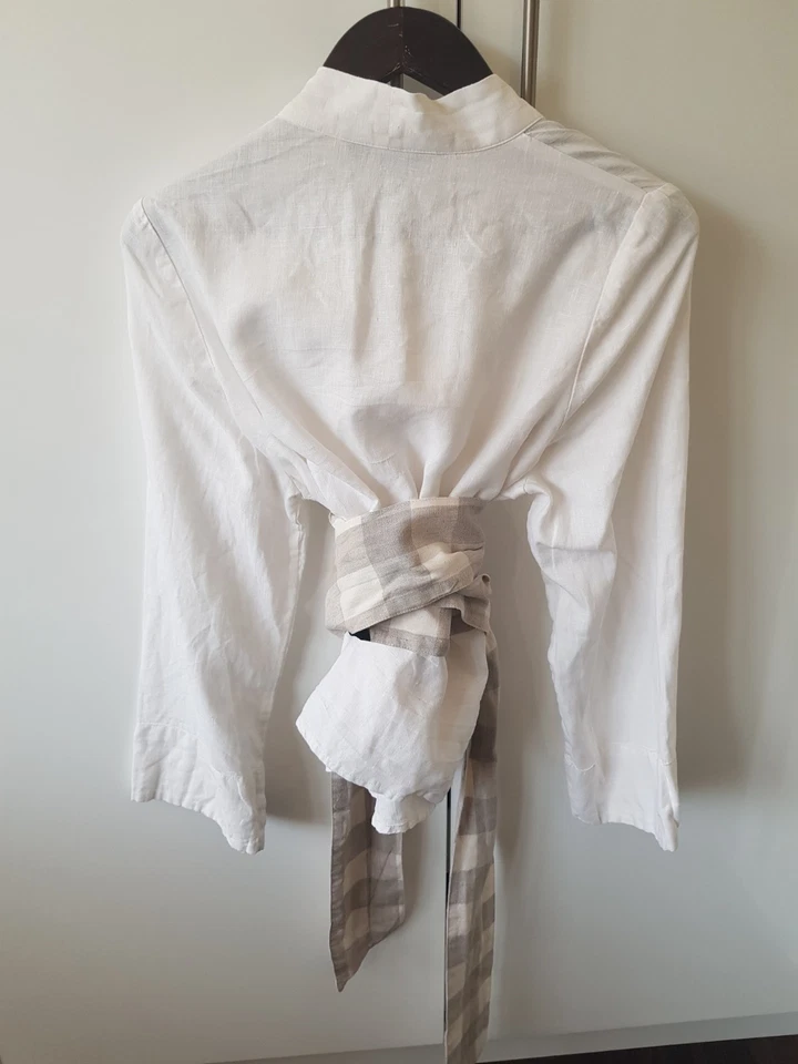 Chaqueta Eva's Sunday Karise en lino blanco (con cinturón de lino a cuadros blanco/beige) Foto 2 de 3