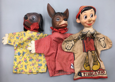 Lot 3 Hand Puppets Pinocchio Pedro Dachie Rubber Head Cloth Body Vintage Grund