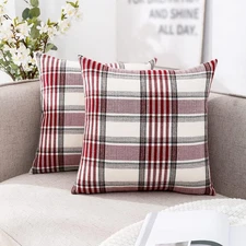 Set of 2 Red Plaid Throw Pillow Covers 16x16 Farmhouse Christmas Decorative