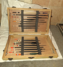 Wood & Metal Brown Fishing Tackle Box/Storage Case with Assorted Floats
