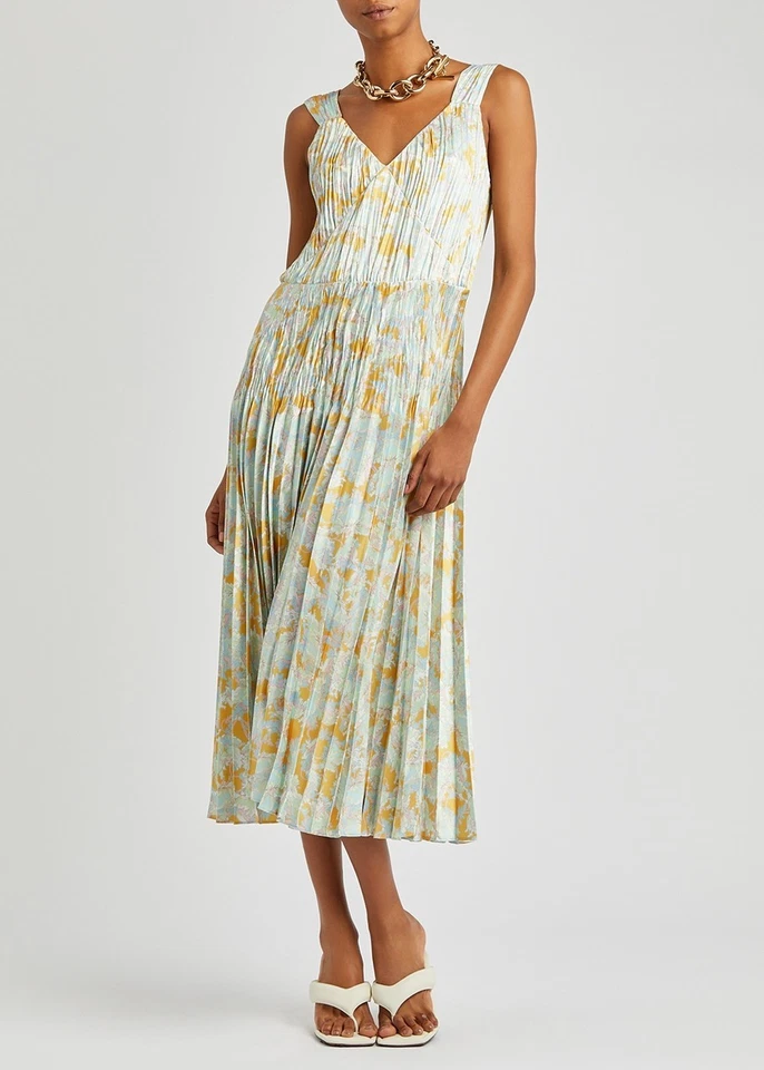 Vestido sin Mangas Vince Lotus Cuello en V Plisado Talla L Satén Floral Multicolor Foto 2 de 4