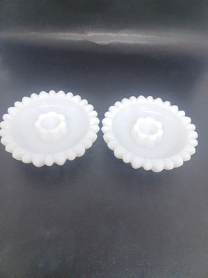 Two Vintage Hazel Atlas Milk Glass Sun Flower Candlestick Holders Peg Votive
