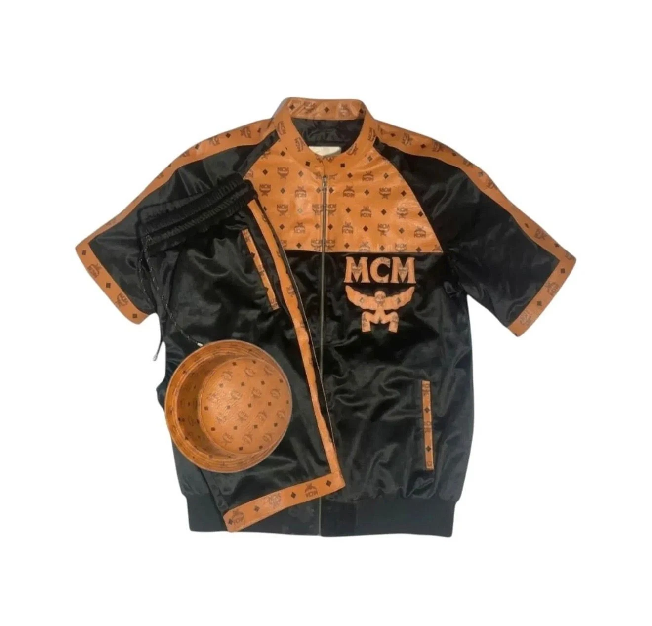 MCM Monogram Leather Tracksuit | Bomber Jacket & Pants & Cap, Luxury Streetwear