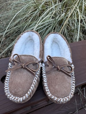 Lamo Brown Suede leather Shearling Moccasins Slipper Kids Size 12c (S2087)