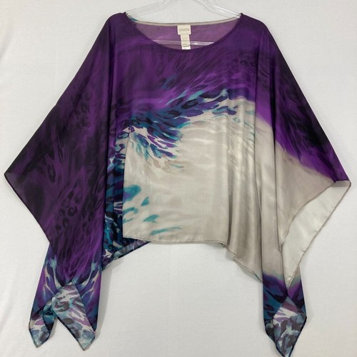 Chico's Größe Small/Medium lila blau Leopardenmuster künstlerisch weich fließend Poncho