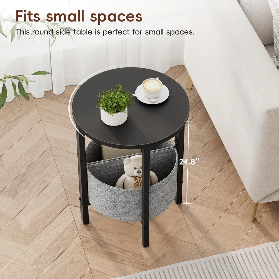 Small Round Side Table End Table, Tall Accent Table with Storage Basket, Set ... - Image 4 of 4