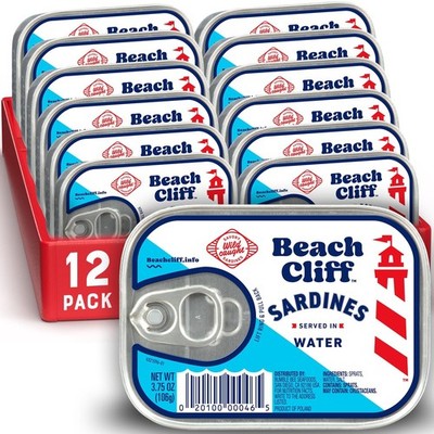 Beach Cliff Sardines in Water, 3.75 oz Can Pack of 12 Wild Caught Sardines