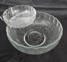 Vintage Interlude Glass Clear Floral 3 Pc Chip Dip Set With Holder Made in Italy