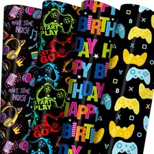 Gaming Birthday Wrapping Paper Black with Gamepad Design for Kids 27"x37"