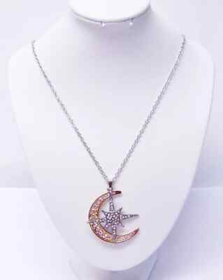 Gold Crescent Moon/Silver Plated Star w/Rhinestone Pendant Necklace