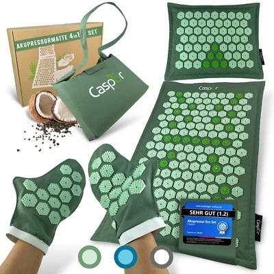 CASPOR Akupressur Eco Set - Akupressurmatte mit Kissen, Tasche und Massagehandschuhe