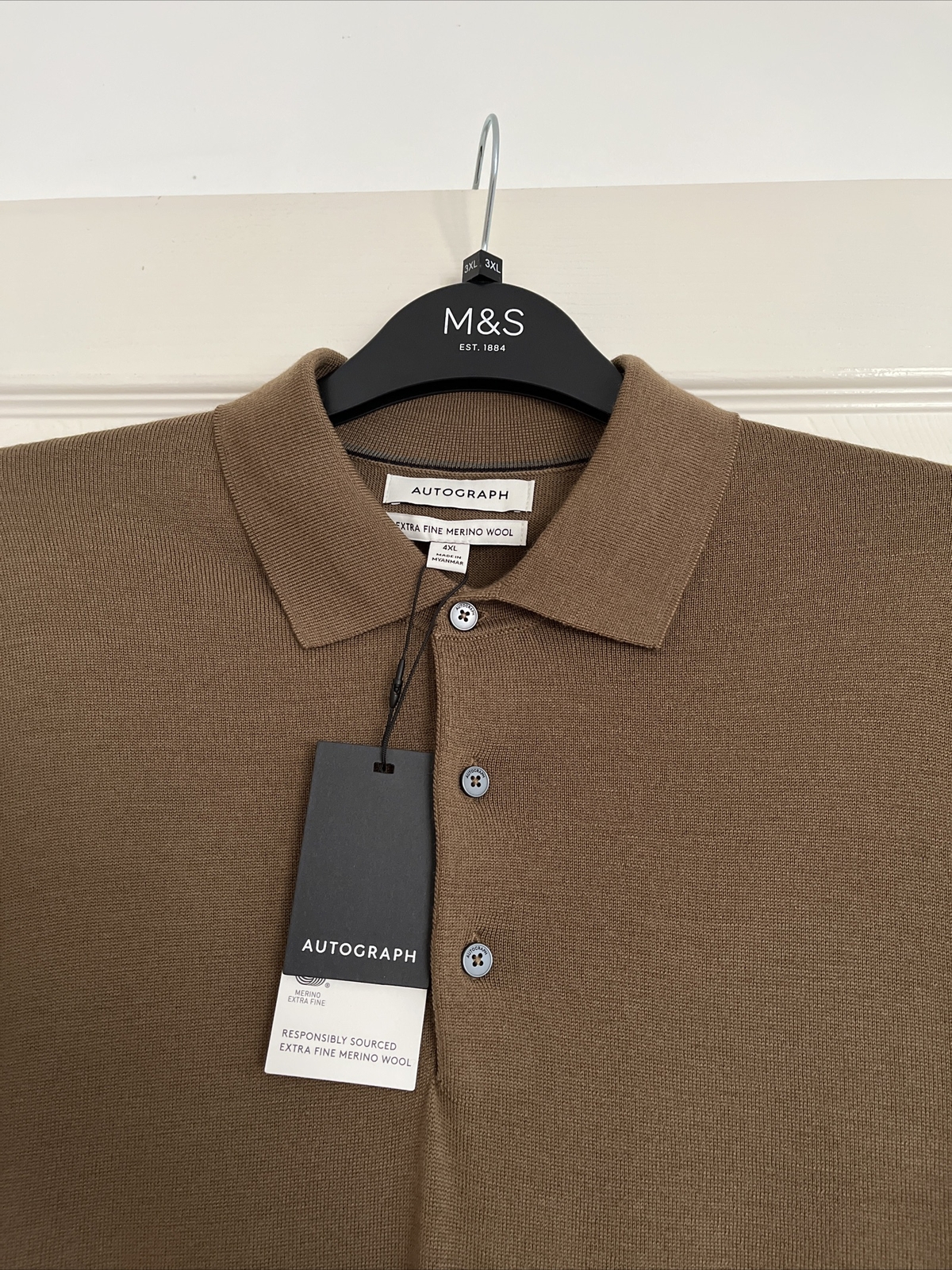 AUTOGRAPH M&S MENS MERINO WOOL CARAMEL TAN LONG SLEEVE POLO SHIRT Size