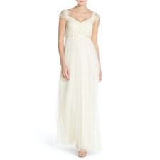 Jenny Yoo Leighton Off the Shoulder Lace & Tulle Gown, Cream, Size 0