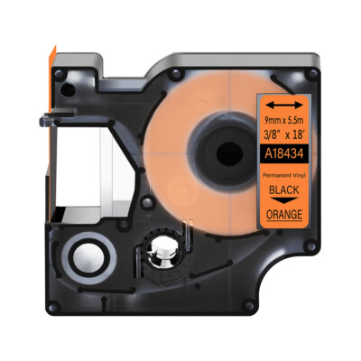 1PK Black on Orange 18434 Vinyl Label Tape 9mm for Dymo Rhino 5000 5200 6000