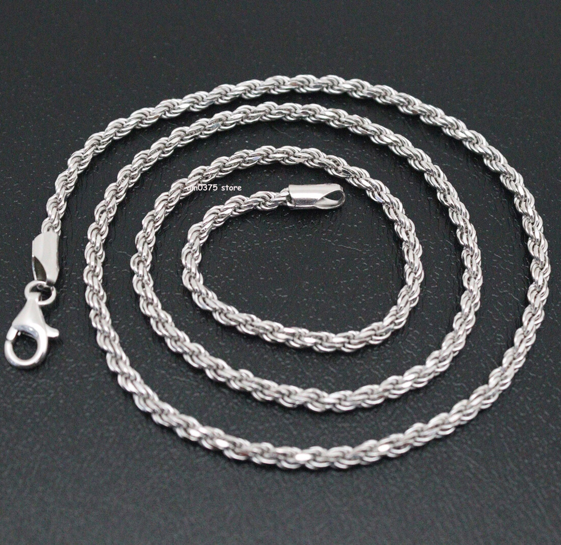Real 925 Sterling Silver Necklace Women Men 3mm Rope Chain Link
